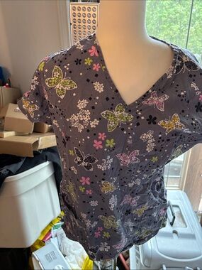 Scrubstar Gray V-Neck Butterfly Print Scrub Top